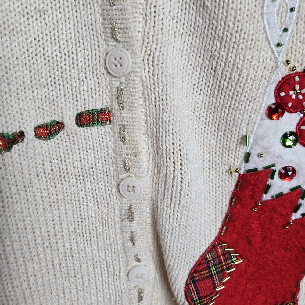 Vtg Bobbie Brooks Woman Cream Christmas Vest Noel Joy Embroidery Beads Ugly XL - Picture 3 of 8